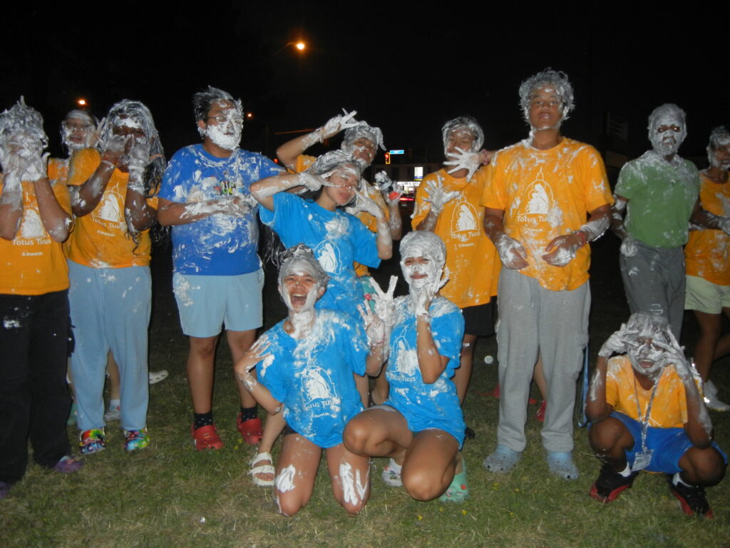 Parishioners gathered outdoors for an evening event