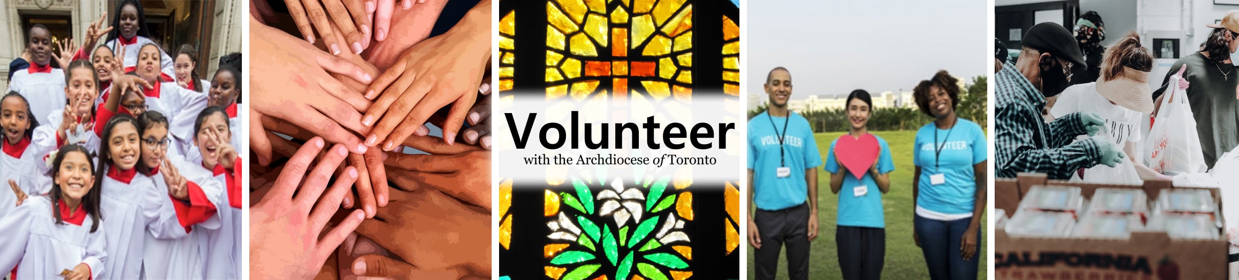 2023 Volunteer Screening Banner Banner with text reading "Volunteer with the Archdiocese of Toronto" along with photos of volunteers